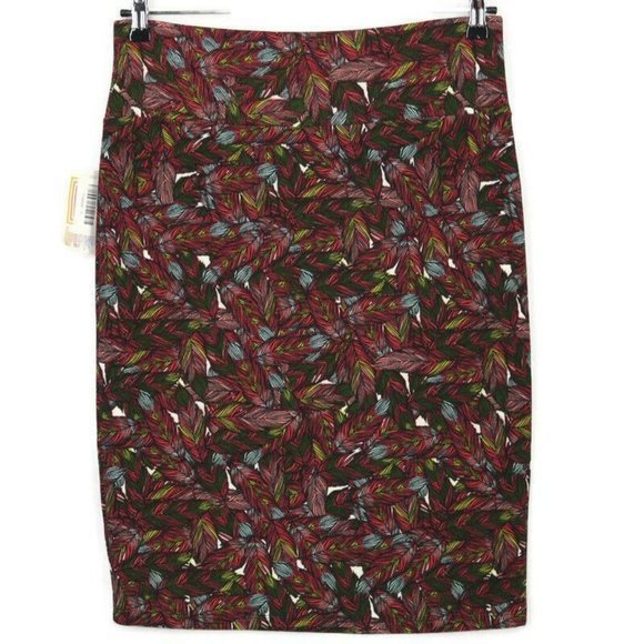 LuLaRoe Cassie Pencil Straight Skirt Pink Green‎ Black Feathers L Large - Picture 2 of 10